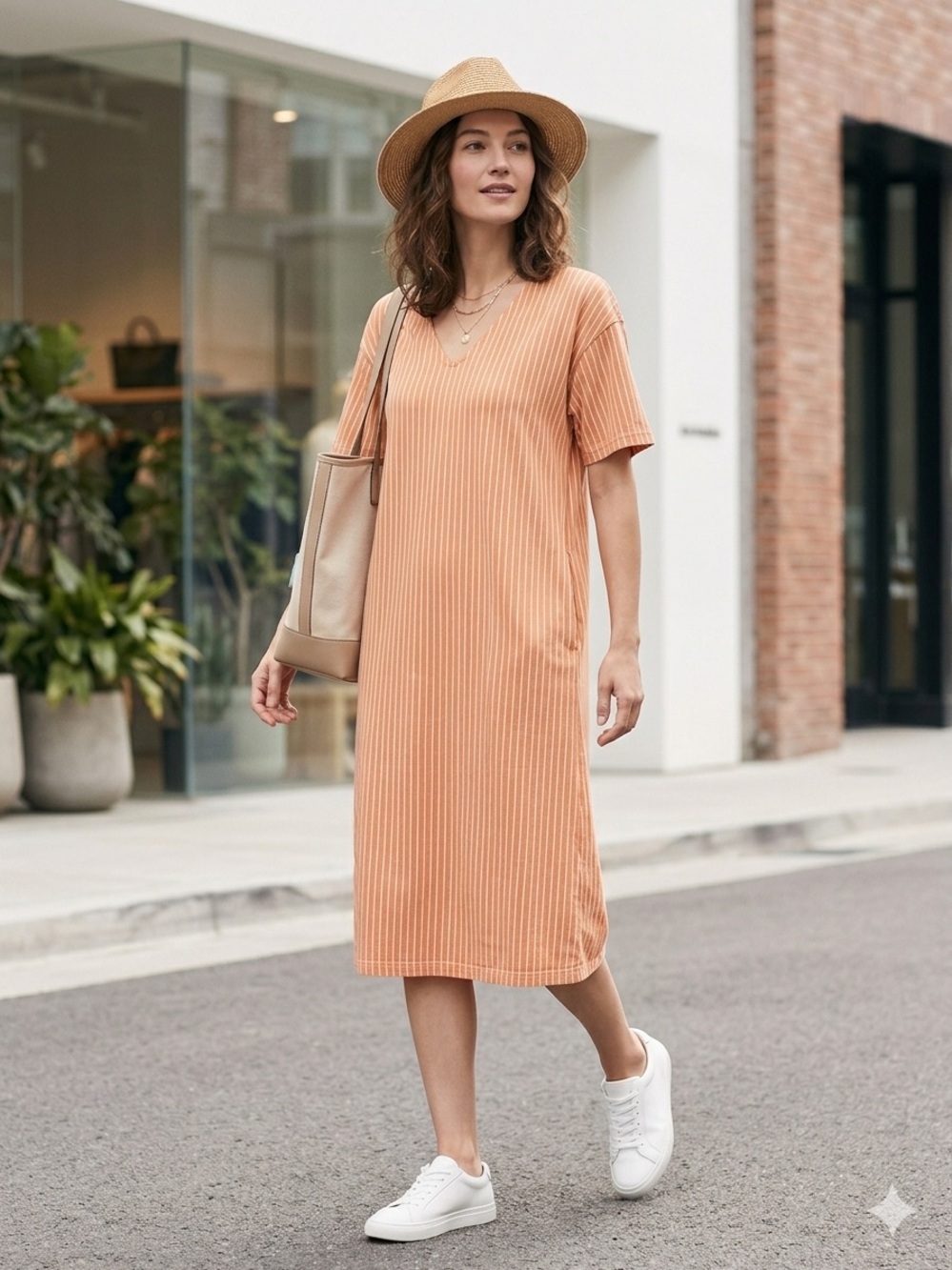 Marimekko x Uniqlo Orange Striped V-Neck T-Shirt Dress Size Small 100% Cotton